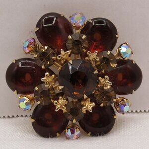 Vintage Rhinestone Layered Dimensional Brooch Deep Red Brown - Aurora Borealis